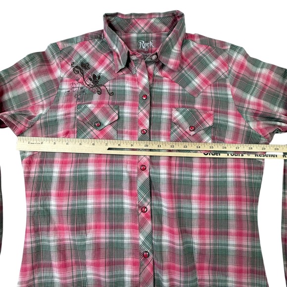 Rock 47 By Wrangler Womens Shirt Size Medium Pink Plaid Pearl Snap Western - Picture 9 of 11